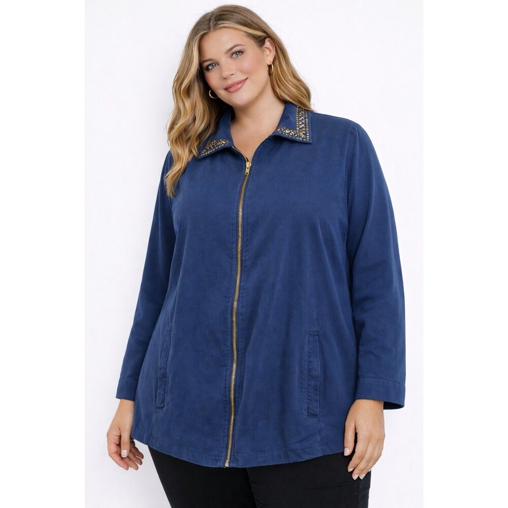 Tudor Court Plus Size XXL Blue Zip Jacket Studded Collar Fall‎ Layering Casual